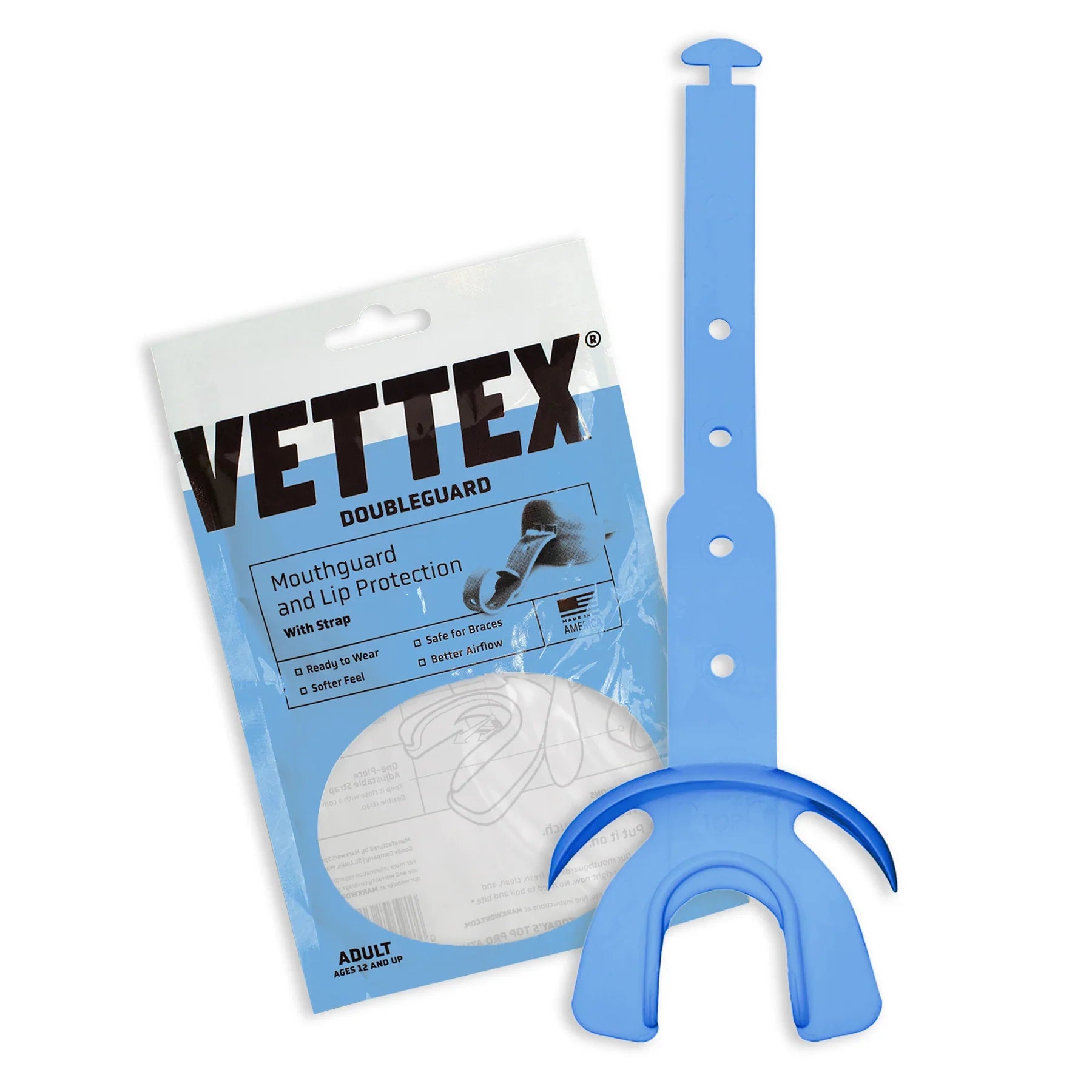 Vettex DoubleGuard mouthguard with lip protection in Columbia blue — a football gift under $25